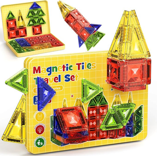 40PCS Magnetic Tiles Travel Storage Diamond Blocks 10% Thicker 3+ | Magnetic tiles with diamond texture & yellow box. Great for travel, car rides, Montessori play & on-the-go fun
