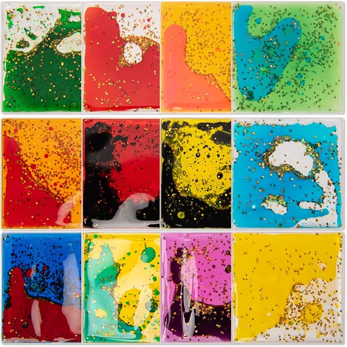 Art3d Square Sensory Fidget Multicolor Liquid Motion Tiles, 6" x 6", 12-Pack | Lightweight, Boost Focus, Relieve Anxiety, Eco-Friendly, Varied Colors & Shapes, Suitable for Kids, Teens