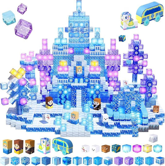200 PCS Light Up Magnetic Blocks, Transparent Magnetic Building Block for Blue Snow Princess Castle, Frozen Magnet Cubes STEM Toys for Girls Age 3 4 5 6 7 8 9 10 11 12 13 Birthdays Gift for Kids
