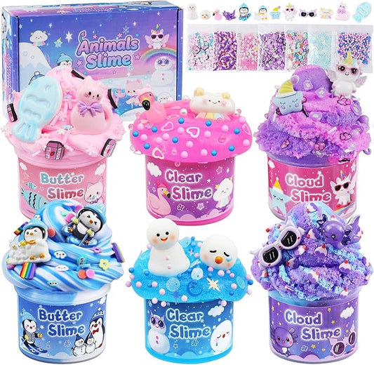 6-Pack Animal Slime Kit for Kids, Butter Cloud Squishy Birthday Gift Set | Animal wonderland party favor, goodie bag stuffer, Halloween Christmas gift and sensory slime toy for kids ages 4-10