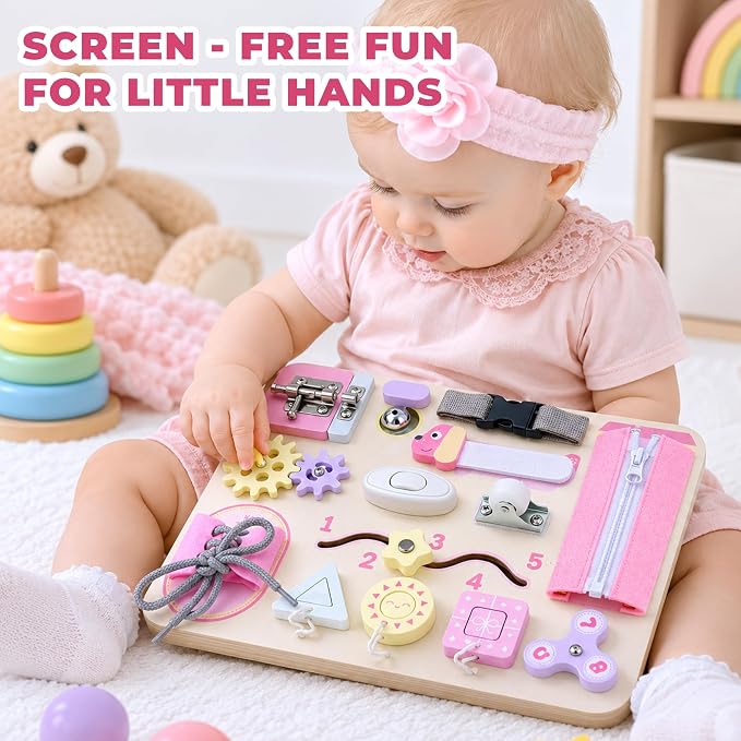 Montessori Busy Board for Toddlers, Wooden Sensory Toys, Preschool Learning Activities for Fine Motor Skills Travel Toy, Basic Life Skills Educational Gifts for 1 2 3 Years Old Kids Boys Girls