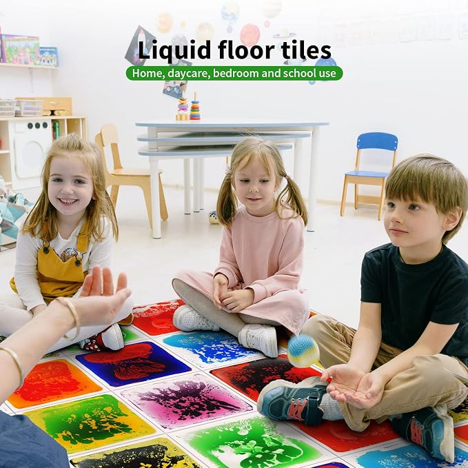 LONGKING 9 Pack 12" X 12" Sensory Tiles for Activity Play Centers for Children, Sensory Floor Tiles, Liquid Floor Tiles, Autism Sensory Poducts | Sensory floor tiles, soft liquid gel, 12"x12", color movement play mat, playroom classroom daycare, 9-pack