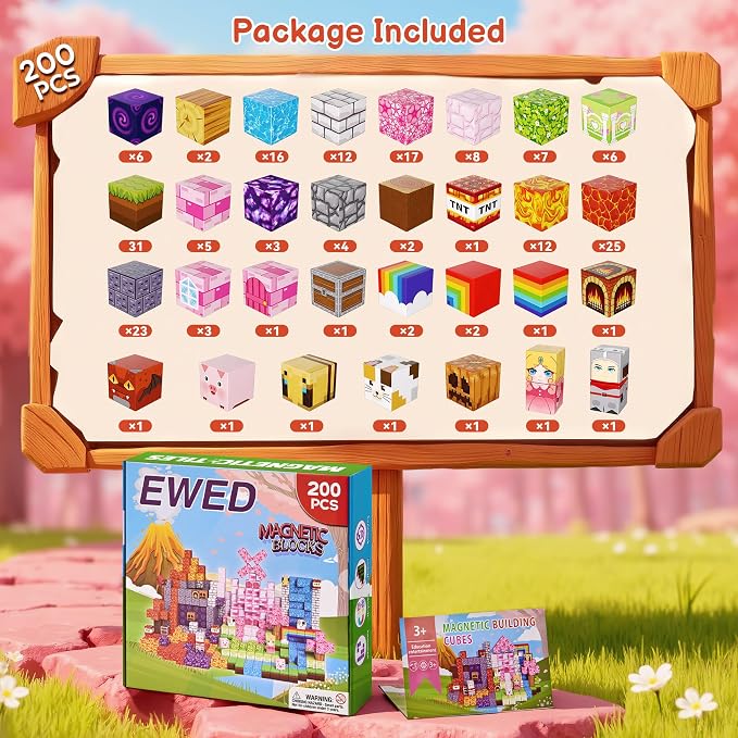 200PCS Magnetic Blocks, Magnetic Building Blocks Cubes Tiles for Kid | STEM Educational Stacking Magnets School Game Toys for Ages 3 4 5 6 7 8 9 10 11 Birthday Party Supplies Gift for Boy and Girl