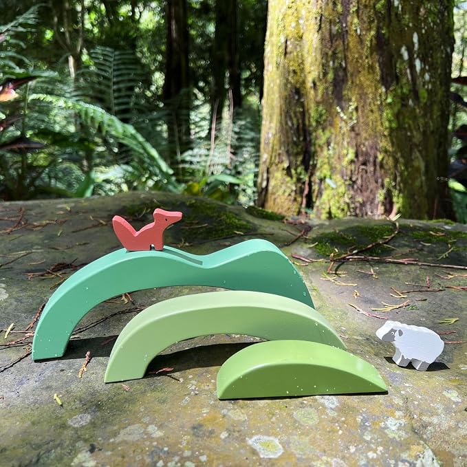Tender Leaf Toys - Green Hills View - Wooden Stacking, Building Toy Stacker, Blocks - Open-Ended Toy Set with Green Hills View for Inspires Creative and Imaginative Roleplay - Age 3+
