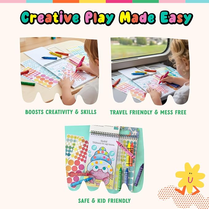Bright Stripes Art on the Go Going Dotty Ocean Theme Travel Kit, Ages 3+ | Compact coloring set with dot stickers, crayons and an activity book, mess-free craft fun suited to toddlers, preschoolers