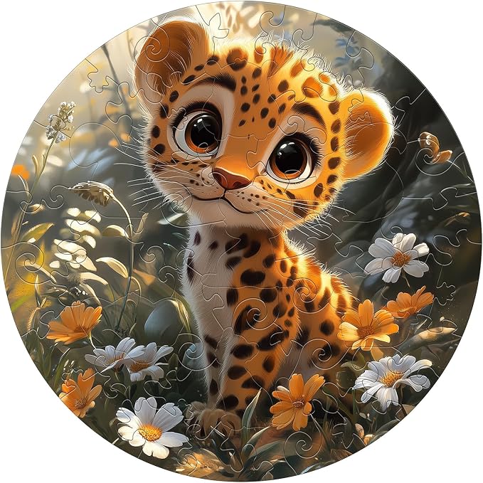 Animal Wooden Puzzles for Kids - Cute Cheetah | 50 Piece Puzzles for Kids Ages 6-8, Kids Puzzles with Unique Animal Shapes, Round Gift for Girls and Boys (11.4 * 11.4 in)