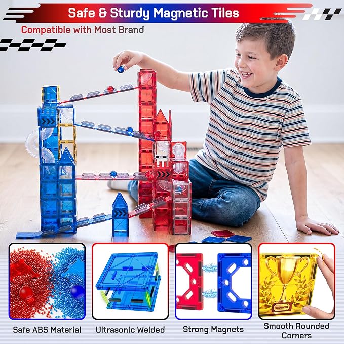 73pcs Magnetic Tiles Marble Run for Kids,STEM Marble Race Track with Rails | Gravity Marble Race,Magnetic Tiles Rail Pack,Preschool Magnetic Tiles for Kids Ages 4-8,Magnet Toy Birthday Gift for Boy