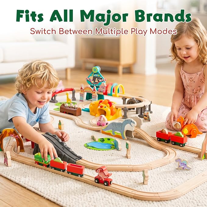 Lehoo Castle Dinosaur Wooden Train Set for Kids Ages 3-7 | Wooden Train Track Set with Dinosaur Crane, Compatible with Most Wooden Tracks, Birthday Gift for Boys and Girls