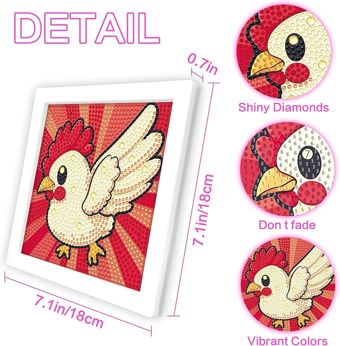 Reofrey Diamond Art Kits for Kids with Frame, 5D DIY Rooster Diamond Painting Kits, Fun Arts and Crafts Gift for Girls & Boys Ages 4-12, Creative Educational Toy for Beginners (7x7 Inches)