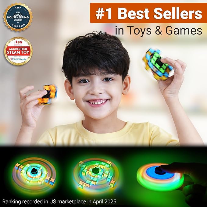 TOSY Magnet Fidget Spinner Glow - 16 Blocks, 3 in 1 Toy: Transformable Fidget Spinner, Infinity Cube, 2x2 Puzzle Cube, Glow, STEM/STEAM Magnet Tiles Birthday Gift for Kids/Boys/Girls/Adults, 2-Pack