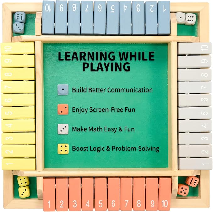 WOOD CITY Shut The Box Game Wooden 4 Player, Classic Board Game for Kids & Adults, Educational Math Learning Toy, Table Dice Game for The Party Family or Bar - 12 Inch with 8 Dice Morandi Color