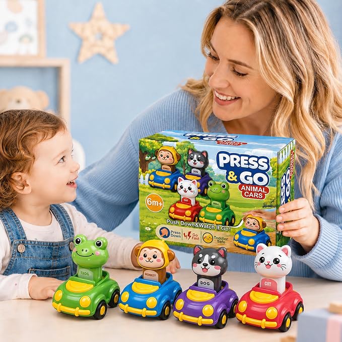 Press to Go Car Toys for Toddlers, Animal Cars for Babies 6-36 Months | 4 Pack Vehicle Set, First Birthday Gifts, Infant Sensory Toys, Baby Shower Gifts, Fun Gifts for Boys & Girls