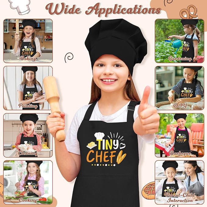 R HORSE 2 Pieces Kid Apron and Chef Hat Set, Dress up Role Play Chef Toy | Black Tiny Chef Adjustable Children Kitchen Apron with Pockets, Ideal for Cooking, Baking, Painting, Cooking Birthday Gift