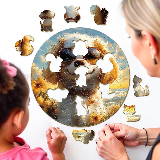 Animal Wooden Puzzles for Kids - Sunny Puppy | 50 Piece Puzzles for Kids Ages 6-8, Kids Puzzles with Unique Animal Shapes, Round Gift for Girls and Boys (11.4 * 11.4 in)