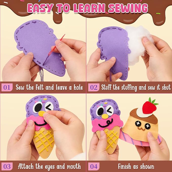 Toylink DIY Sewing Kit for Kids Ages 4-12, 12 Dessert Felt Craft Kit with Pre-Punched Holes, Blunt Plastic Needles, Cotton Stuffing - First Sewing Kit STEM Learning Toys for Girls Boys Birthday Gift