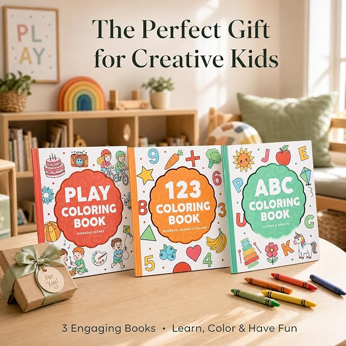ZICOTO Fun Coloring Book for Kids - Set of 3 Cute Toddler Coloring Books | Educational Activity Water Color Pages with Simple Designs for Boys and Girls - Covers Alphabet, Numbers, Colors & Shapes
