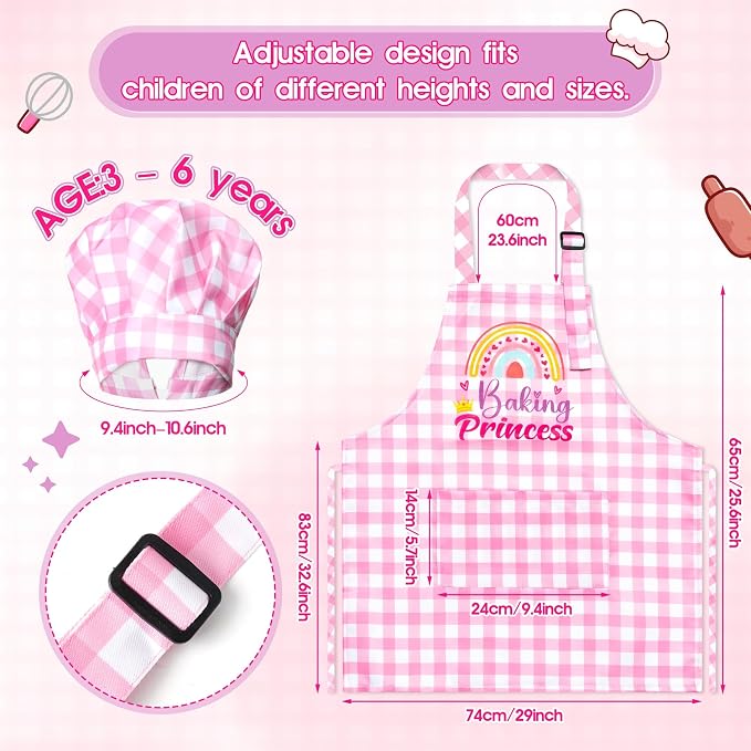 R HORSE 2 Pieces Kid Apron and Chef Hat Set, Children Role Play Chef Toy | Coquettish Pink Baking Princess Adjustable Kitchen Apron for Girl, Ideal for Cooking, Baking, Painting, Cooking Birthday Gift