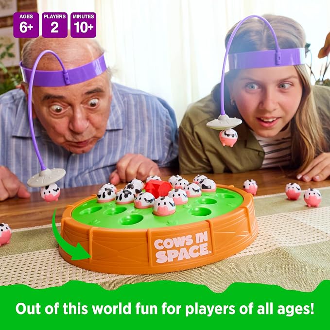 Cows in Space By Relatable - 2026 Toy of The Year Finalist, The Kid-Friendly Extraterrestrial Fun 2 Player Games - Includes 2 UFO Headbands, 1 Electronic Spinning Base, 21 Cows, and Instructions