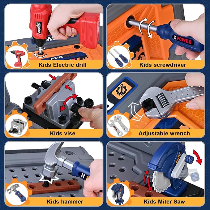 Kids Tool Bench with Electric Drill, Toddler Tool Set for Boys Ages 3-5 6-8 | 132 Pcs Kids Tool Set with Toddler Tool Box & Tool Bench, Christmas Birthday Gifts Toys for Boys Ages 3 4 5 6 7 8+ (Orange)