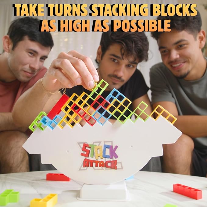 Stack Attack XL Family Tower Game, Giant Balance Game for All Ages | 100 pieces, 36 challenge cards, giant tabletop game, family game night, balance stacking fun, gift for kids and adults