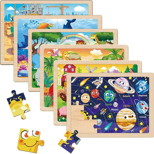 Wooden Puzzles for Kids Ages 4-6, 6 Packs 24 Pcs | Jigsaw Puzzles Preschool Educational Toys Gifts for Children Ages 3 4 5 6 Year Old Kids Puzzles Ages 3-5 Year Olds Boys Girls