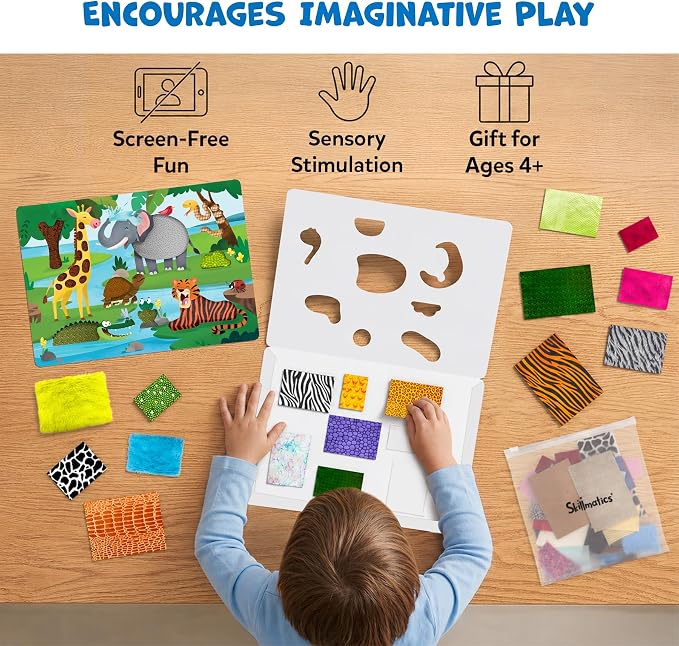 Skillmatics Fab Tabs – Animals, Sensory Fabric Art, Sewing Craft Kit | Peel & Stick Sticker Activity, Mess-Free Play, Travel Toy, Gifts for Boys & Girls Ages 4, 5, 6, 7, 8, 9