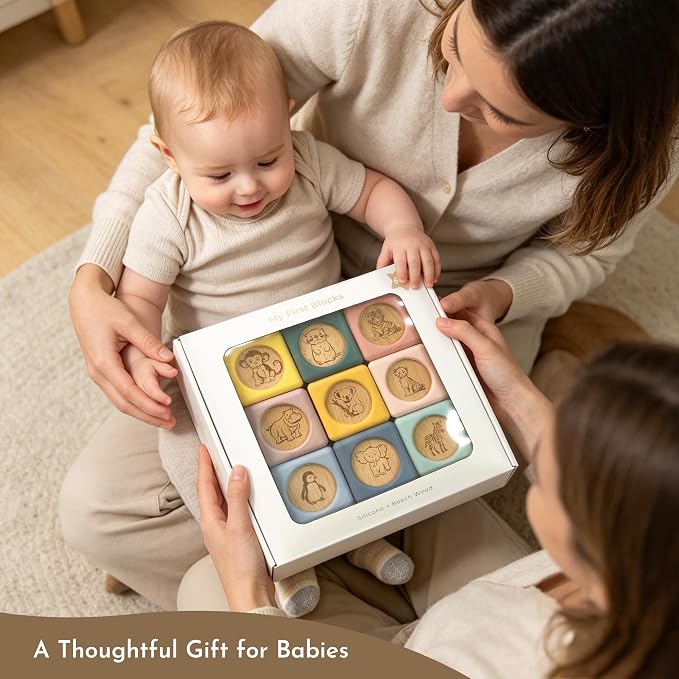 Mitico Wooden & Silicone Baby Stacking Blocks 6M+, Montessori Sensory Building Toy | Early Learning Play, Fine Motor Skills, Hand-eye Coordination, Open-ended Imaginative Play, Teething-safe Soft Edges
