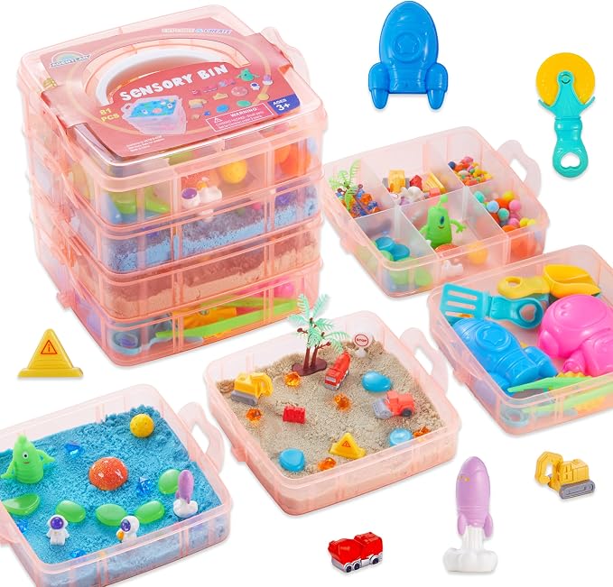 AGENTLAN Stackable Sensory Bin, Construction & Space Sensory Sand Play Set | Construction and space themes play sand kit, gift for toddlers, boys and girls ages 3+