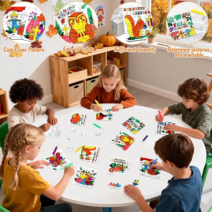 Thanksgiving Fall Crafts for Kids Religious Art Activities Blank Puzzle Toy | 24 Autumn Harvest DIY Crafts Pumpkin Turkey Cross Jesus, Christian Classroom Gift for Aldults Party Favors Game Supplies Bulk