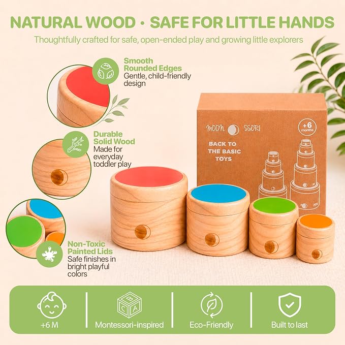 Wooden Stacking Cups for Toddlers 1-3 – Montessori Baby Toy for Sorting, Nesting & Stacking, Natural Wood Learning Toy for Fine Motor Skills