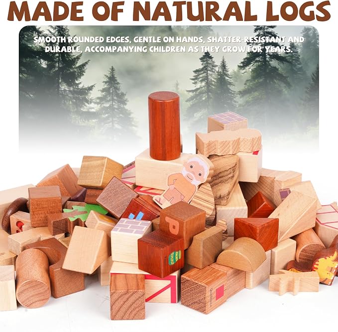 145-Piece Wooden Building Blocks Set –Dinosaur Park –Montessori Educational Construction Toy Made from 10 Premium Hardwoods, STEM Learning Blocks for Toddlers & Kids Ages 3–6