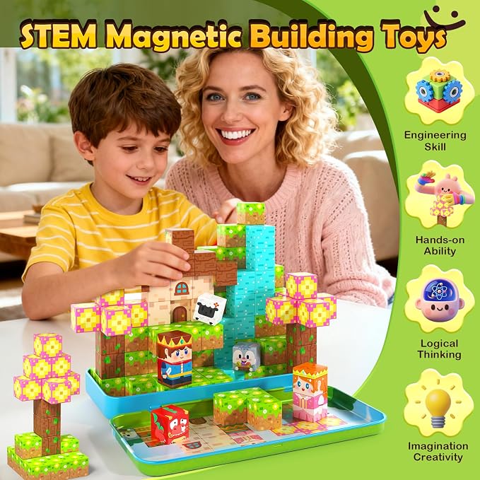 Mini Magnetic Blocks, Portable Building Cubes Travel Toys for Kids Ages 4-8 | STEM Construction Learning Set with Case for Toddlers, Build Mine Magnet World, Christmas Birthday Gift for Boys Girls 3-5