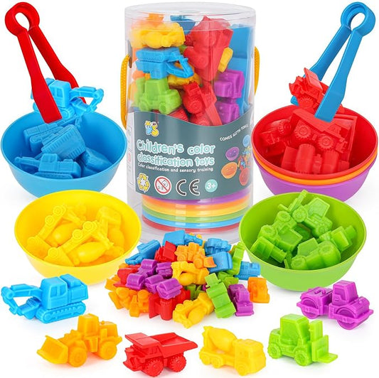 Counting Construction Vehicles Color Sorting Matching Games for Kids 3-5, Preschool Educational Learning Fine Motor Counting Transportation Matching Classroom Sensory Table Toys for Boys Girls