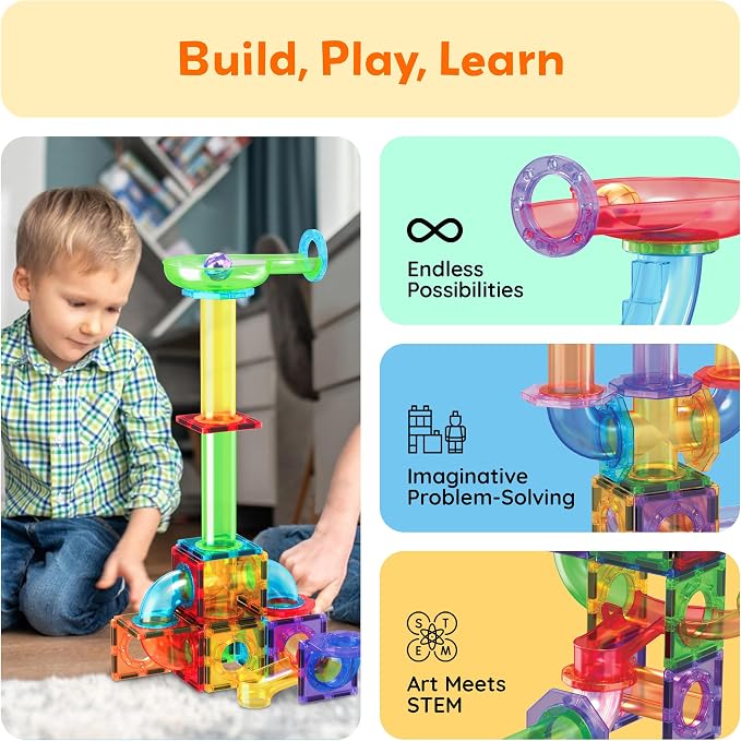 PicassoTiles Magnetic Marble Run Add-On Expansion Pack for Magnet Tile Building Blocks Maze Construction Toy Kit Educational STEM Learning Enhances Creativity Imagination Children Ages 3+ PTG01