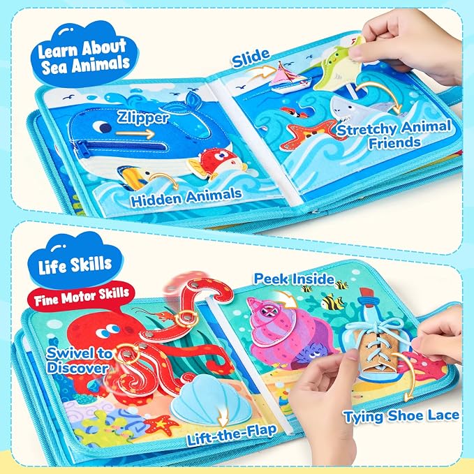 JoyCat Ocean Busy Book for Toddlers 1-3, Montessori Travel Activity Book | Ocean busy book with sea animal activities helps toddlers practice life skills, fine motor skills and quiet travel play.