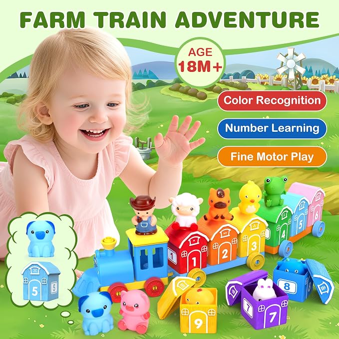 Montessori Learning Toy Toddler Animal Train Counting Barns Puppets | Montessori toy farm train set with 9 barns & 10 finger puppets for matching sorting, preschool gift for toddler boys girls
