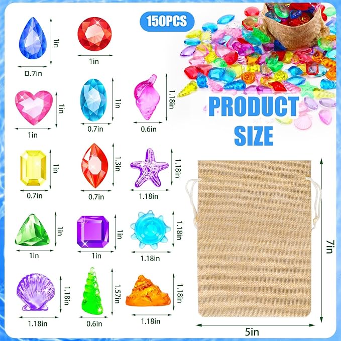 150 Pcs Diving Gems Pool Toys Acrylic Diamond Pirate Treasure | Colorful Plastic Gemstones, Fake Jewels with Burlap Bag, Vase Filler, Summer Mermaid Bath Toys, Beach Underwater Party Games