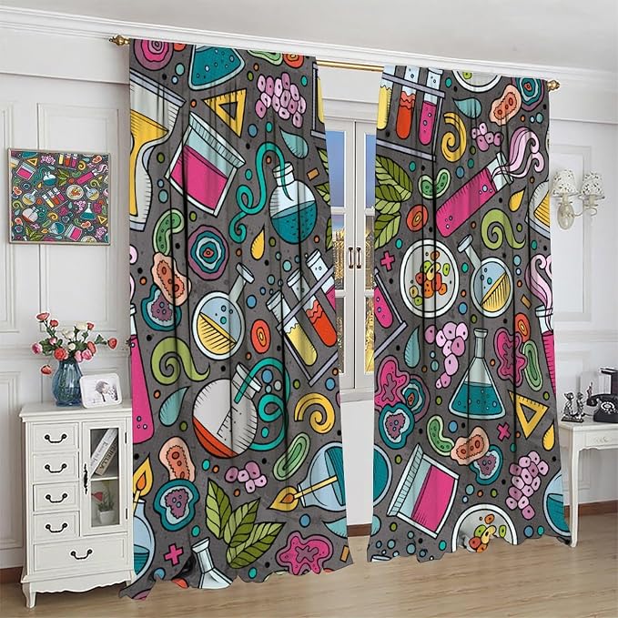 Science Physics Curtains, Abstract Math Chemistry Curtain Scientist Graffiti Print Window Treatments for Kids Teens Bedroom Living Room Set 2 Panels,72x63 Inches