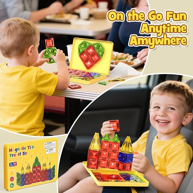 40PCS Magnetic Tiles Travel Storage Diamond Blocks 10% Thicker 3+ | Magnetic tiles with diamond texture & yellow box. Great for travel, car rides, Montessori play & on-the-go fun