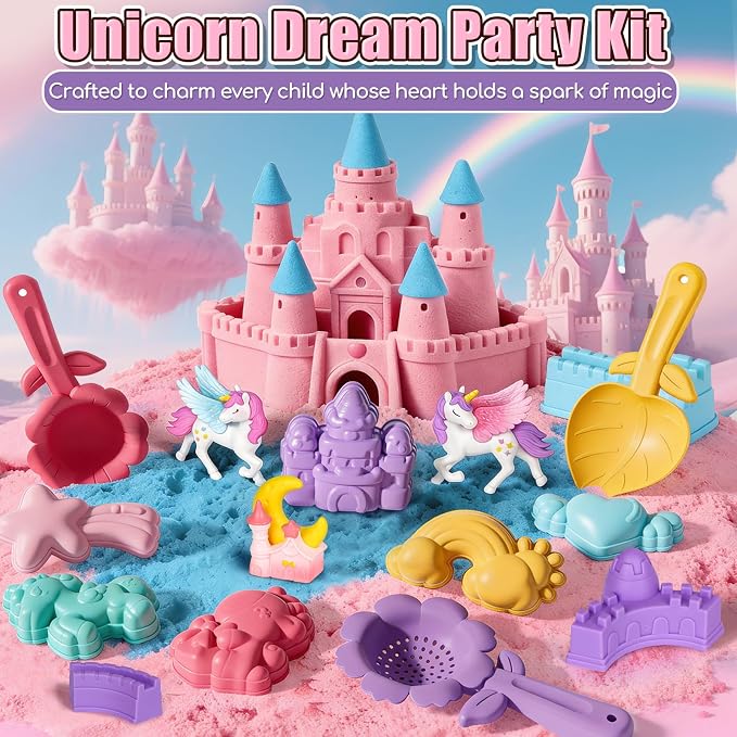 Lehoo Castle Unicorn Sensory Table with Sand 2.6Lbs, Sand Table with Lid | Sensory Activity Table with Adjustable Legs, Red & Blue Play Sand, Indoor & Outdoor Use, Preschool Learning Gifts for Toddler