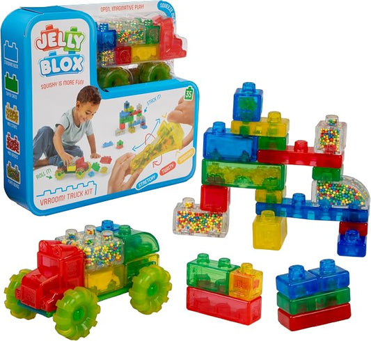 Jelly Blox Vrroom! Truck Kit Includes 35 Blocks, Toddler & Preschool | Building Blocks Kids Can Squeeze, Stretch, Squish | MESH ACCREDITED | Safety Tested Ouch-Free | Sensory Play Toy Ages 2+