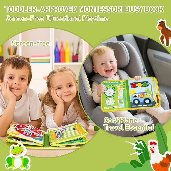 Montessori Busy Book for Toddlers 1-3, 20-in-1 Quiet Book with Bonus Animal Finger Puppets, Sensory Travel Activity Book for Toddlers, Educational Toy for Fine Motor Skills & Early Learning