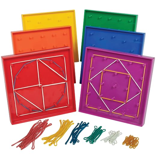 edxeducation Double-Sided Geoboards, Set of 6 with Rubber Bands | 5 x 5 Grid/12 Pin Circular Array, Math Resources, Fine Motor Skills for Kids