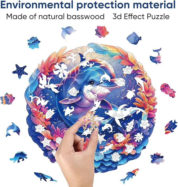 Qiuenisray Wooden Puzzles for Adults 500 Pieces, Dolphin Jigsaw Puzzles | FSC Certified Unique Ocean Adult Puzzles, Irregular Wood Puzzles, Creative Gift for Family Game 16.2x16.5 in