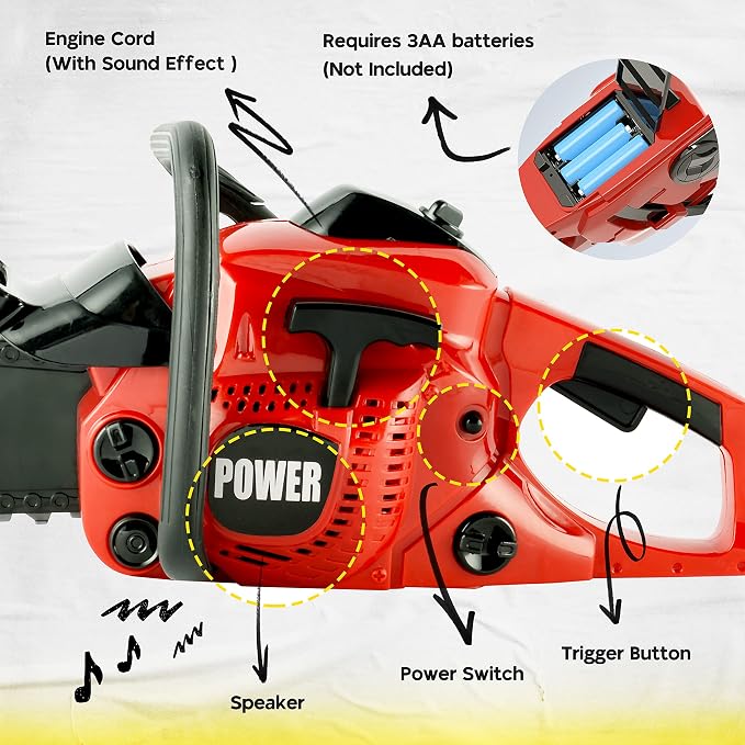 Toy Choi's Toy Chainsaw with Realistic Sound，Kids Gardening Tool Play Set | Rotatable Safe Chain, Sturdy Plastic Kids Chainsaw for Boys Girls Ages 3 4 5 6 7 8 with Toy Tool Set, Yard Pretend Play Gift