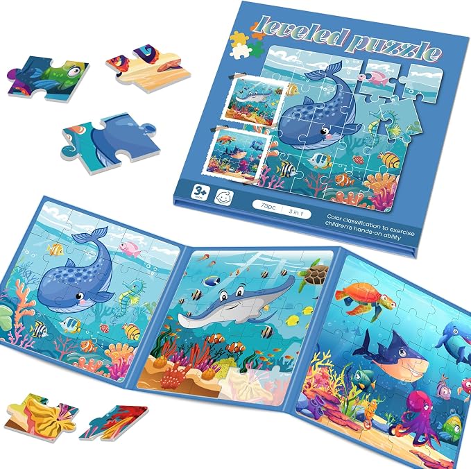 Magnetic Puzzles for Toddlers 3-5 Toddler Puzzle Travel Toys （Sea） | Jigsaw Puzzles for Kids 75-Pieces Travel Toys Sea Puzzles Ages 4-6 Road Car Trip & Airplane