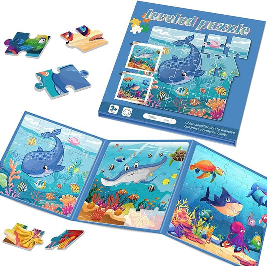Magnetic Puzzles for Toddlers 3-5 Toddler Puzzle Travel Toys （Sea） | Jigsaw Puzzles for Kids 75-Pieces Travel Toys Sea Puzzles Ages 4-6 Road Car Trip & Airplane