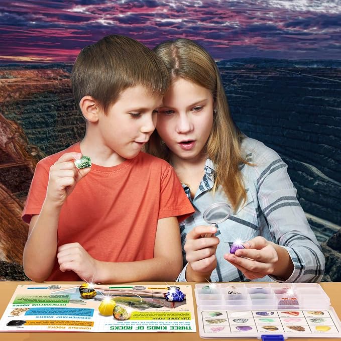 Rock Collection Box, 15 Real Gems & Crystals, STEM Kit 6-12 | Genuine GEmstones Specimens with ID Sheet & Guide, Magnifier for Close-Up Study, Perfect for Home & Classroom Learning