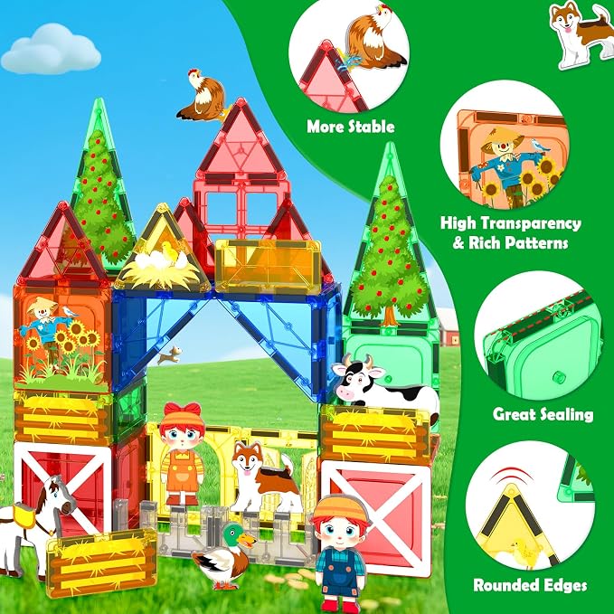Magnetic Tiles Farm Animals Set, Immersive Storytelling Building Blocks for Toddlers 3-5, 3D Farm House STEM Toys with UV-Printed Realistic Animals, Compatible with All Major Brands