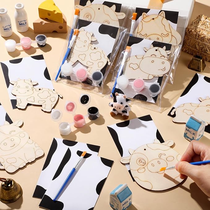 Saypacck 24 Pcs Party Favors Wooden Painting Craft Kits Birthday Party Supplies with Organza Bag for Goodie Bags Fillers Adult Thank You Gifts(Cow)